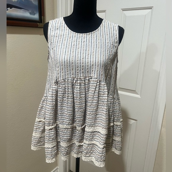 Paisley Vine Womens Top Sz L Striped Gray Cream Sleeveless Ruffle Lace Baby Doll - Picture 1 of 8